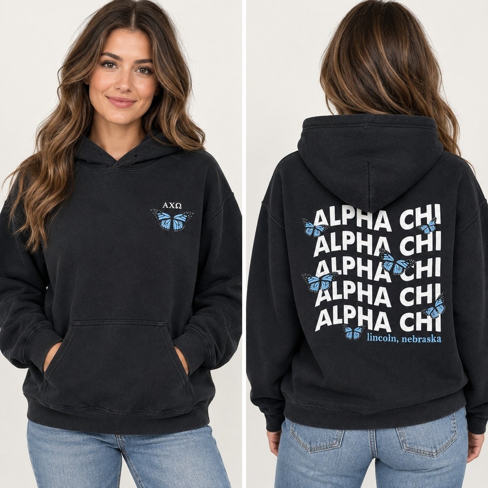 Alpha Chi Omega AXO Hoodie Womens M Black Butterfly Lincoln Nebraska Gildan